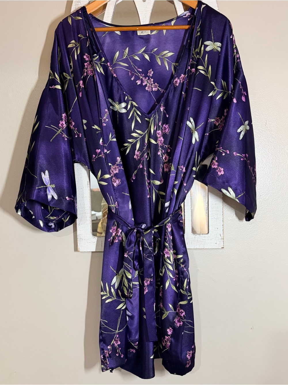 California Miss Purple Dragonﬂy Satin Robe & Slip Dress Set L Y2K Lingerie